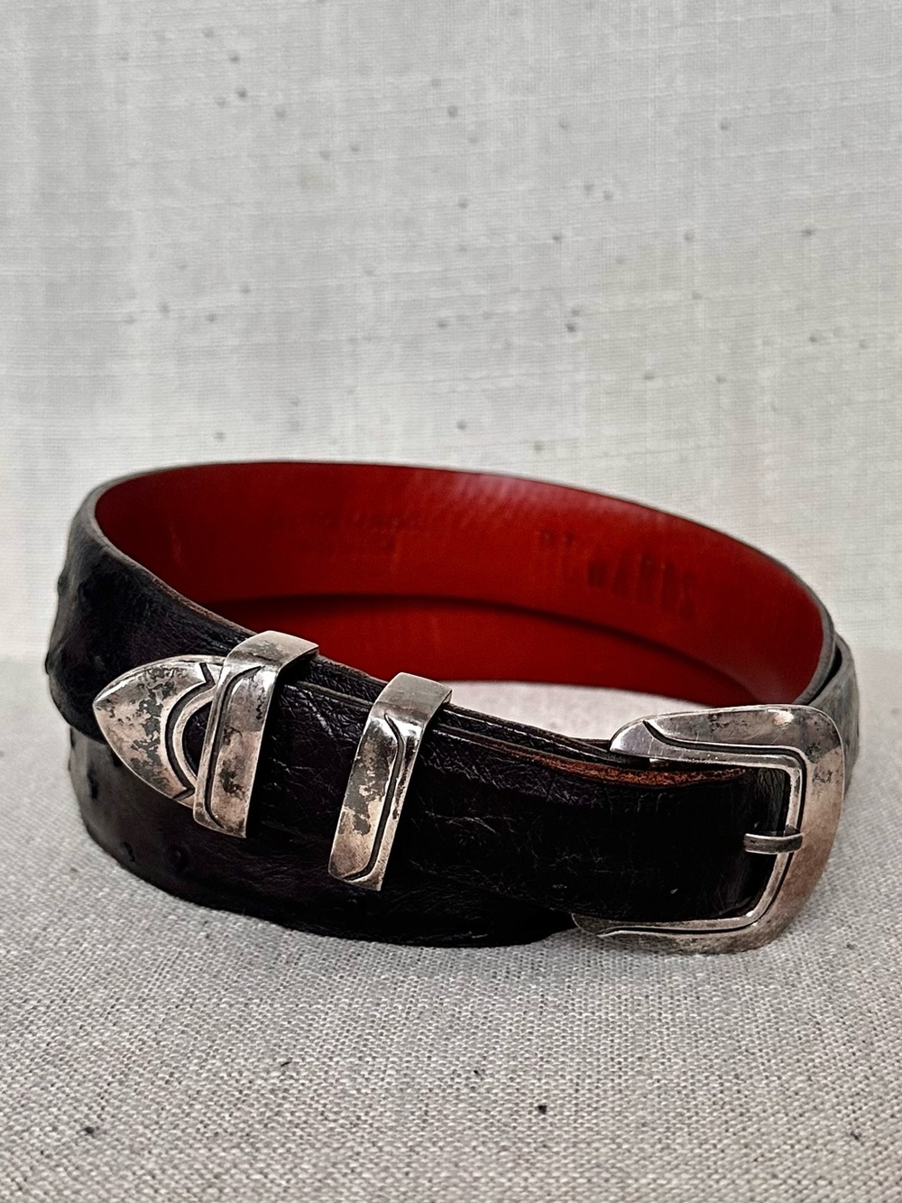 Vintage Rewards Ostrich Leather Belt Chacon Sterling Silver Buckle be 11-96